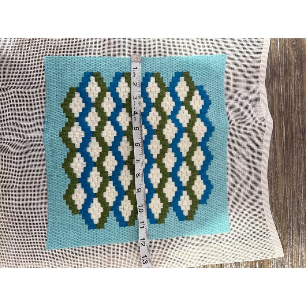 Vintage Mid Century Geometric Needlepoint Blue Green MCM Boho Textile Art Decor - Picture 3 of 3